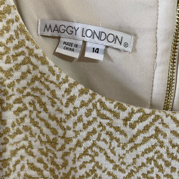 Maggy London Metallic Gold and Beige Shift Dress Exposed Gold Zipper, Lined - Picture 5 of 8